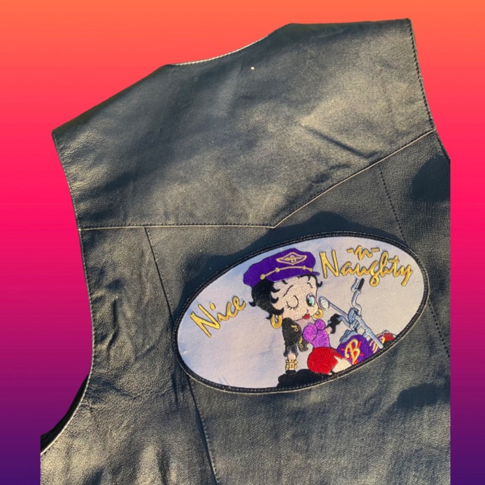 ~Black Leather Vest with Vintage Betty Boop Patches~